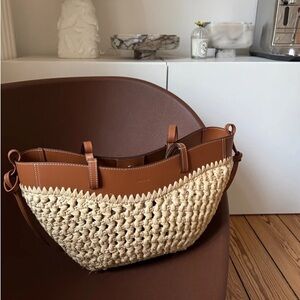 Polene Cream and Brown Woven Leather-Trim Tote